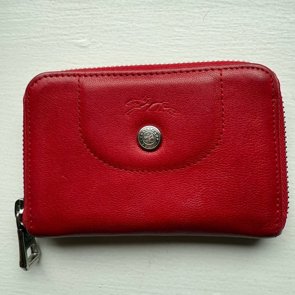 Longchamp Red Leather zip card case coin purse Wallet - Picture 2 of 9